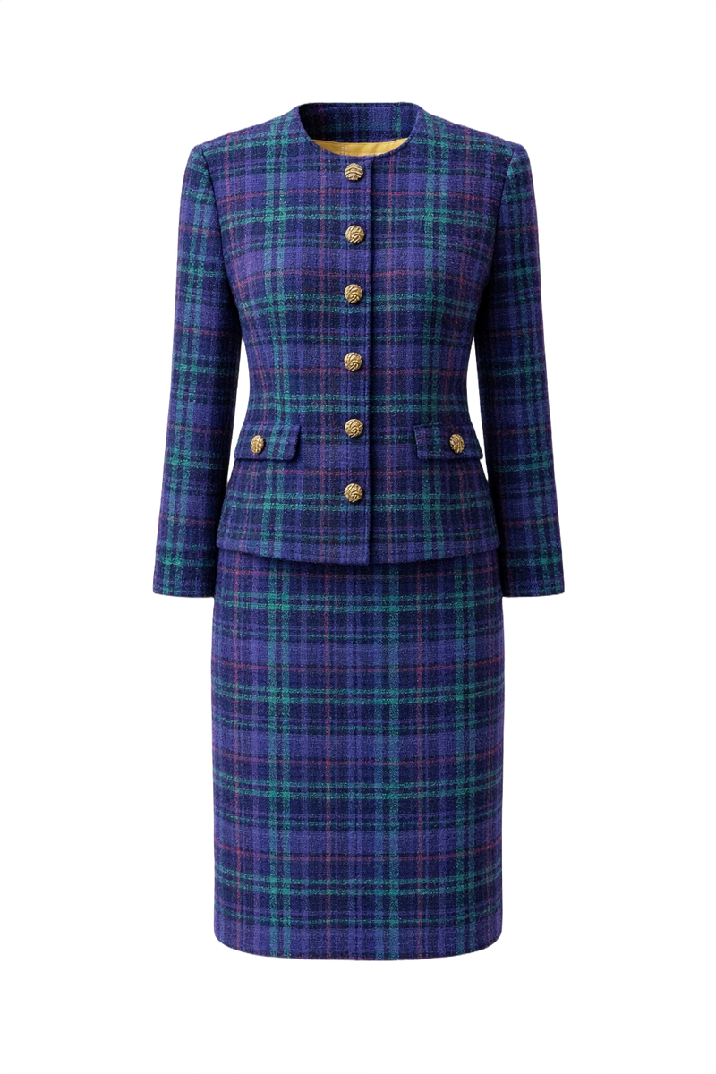 1980s Purple Tartan Wool Blend Two-Piece Set - Front View