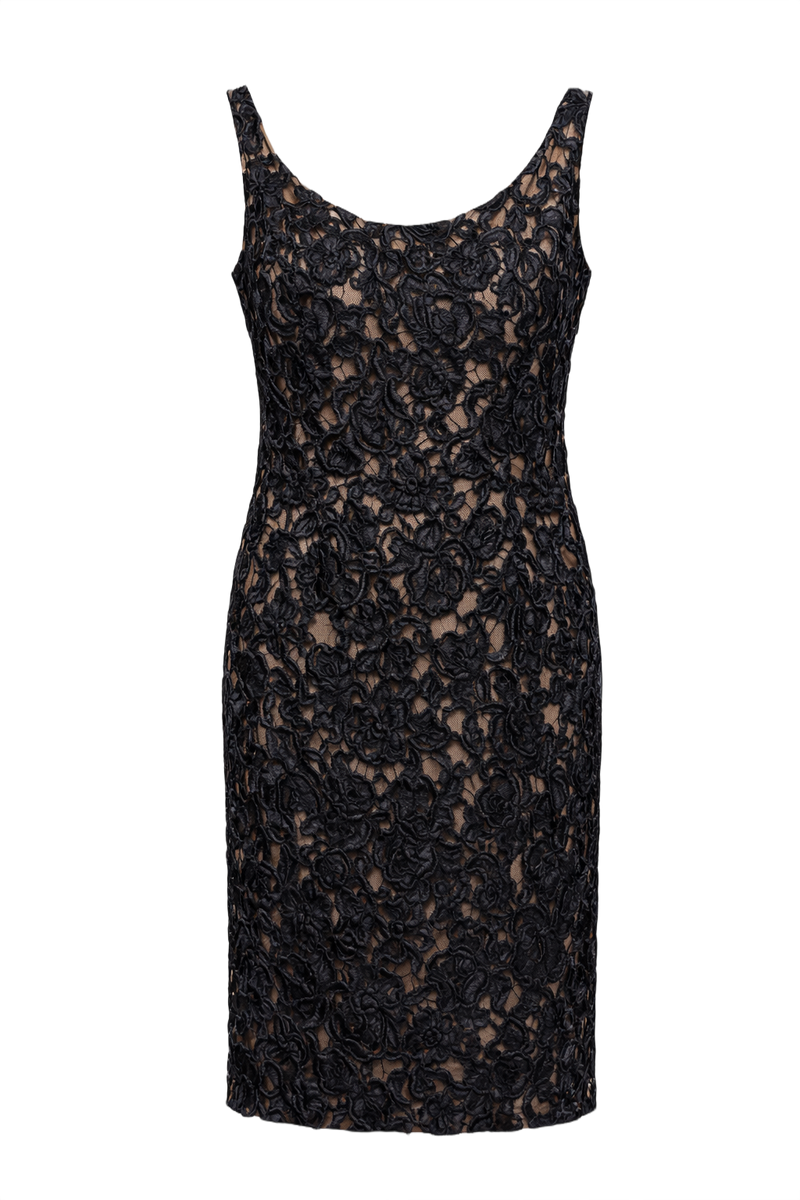 1980s Black Lace and Satin Dress - Front View