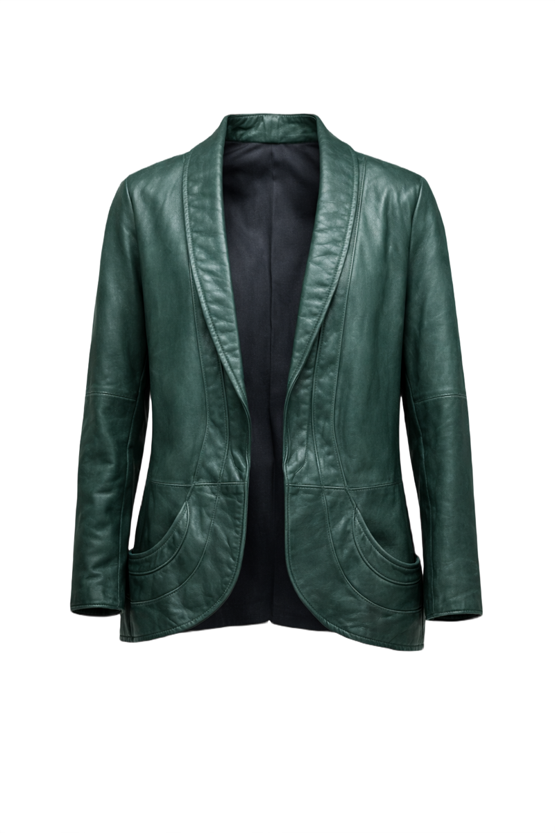 1980s Dark Teal Green Leather Jacket - Front View