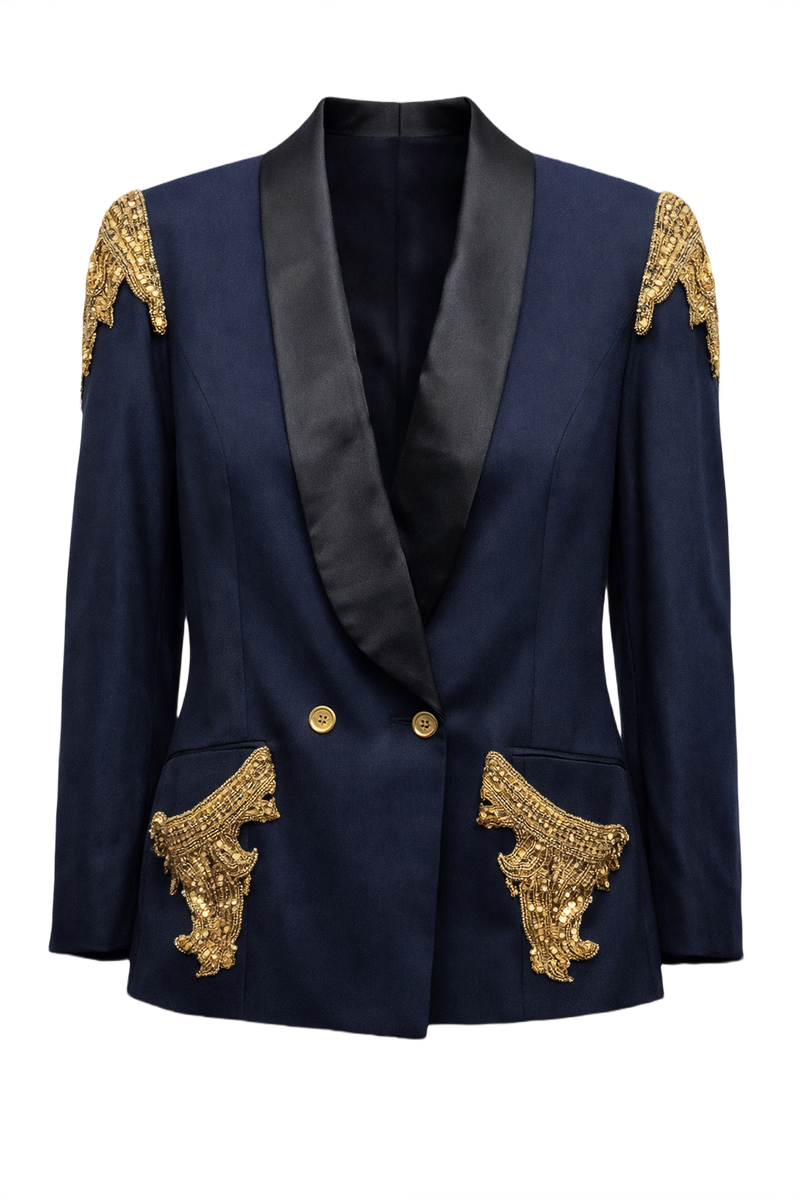 1990s Navy Blue Silk Blazer - Front View