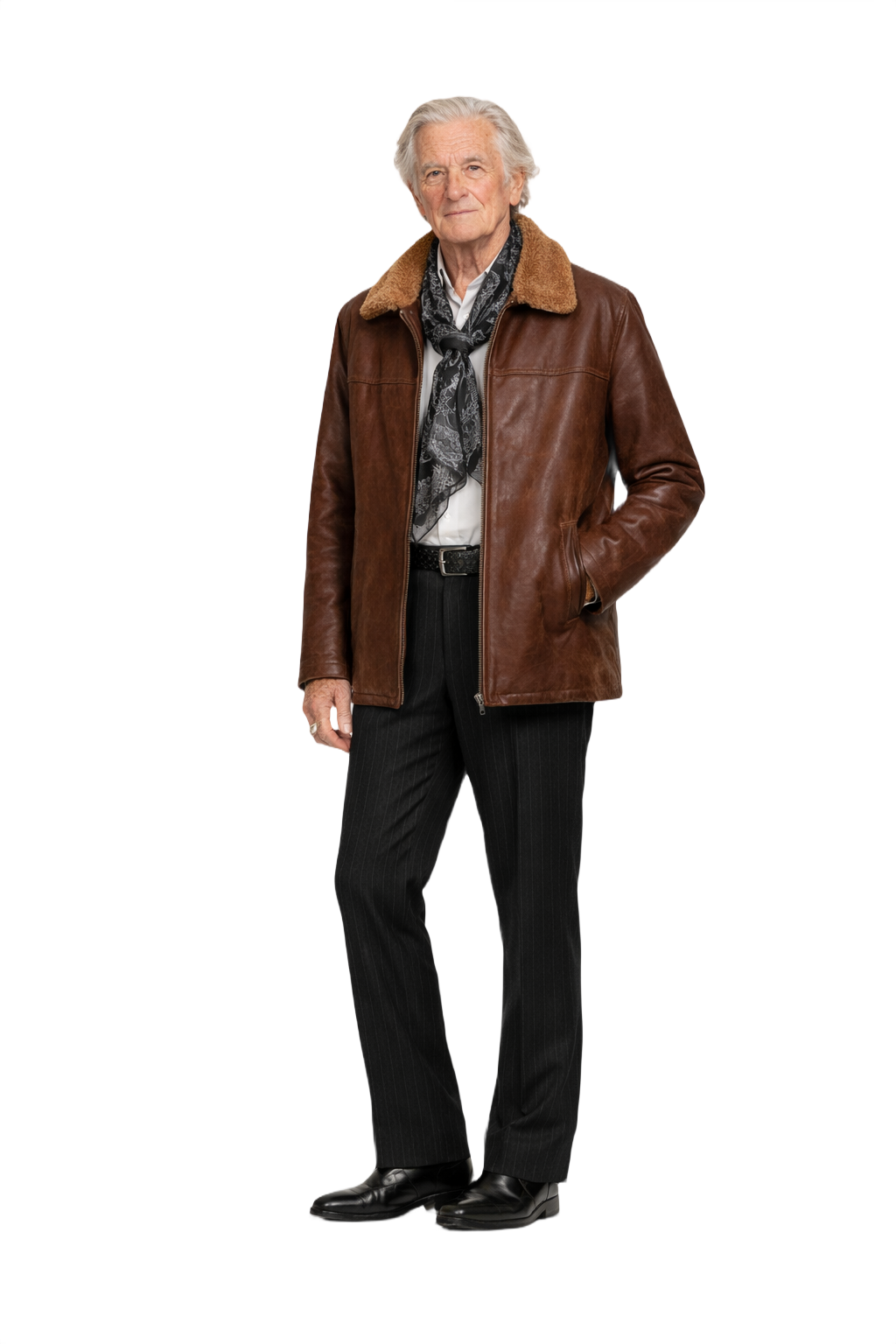 1970s Brown Leather Shearling Collar Leather Jacket - Model