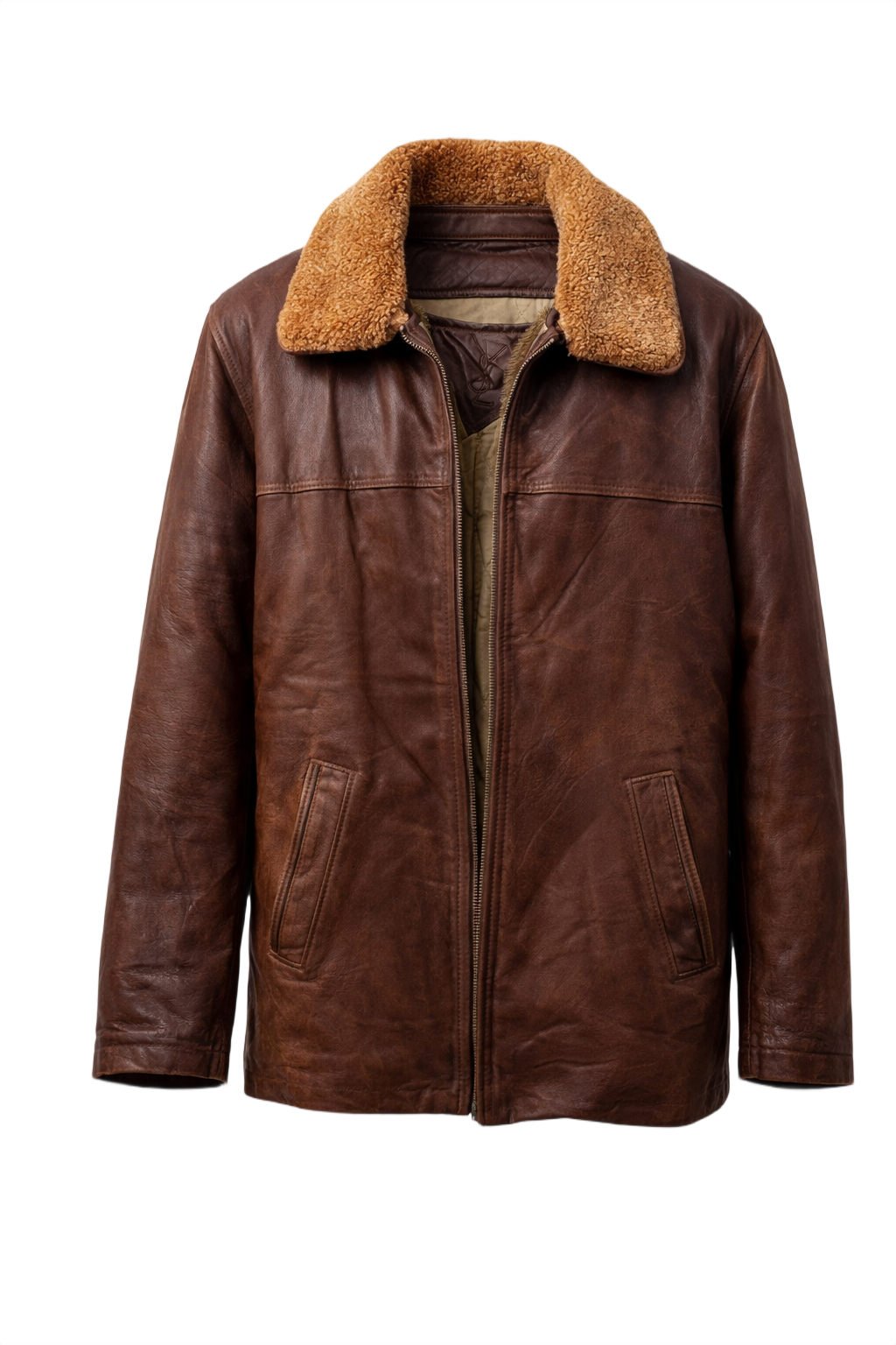 1970s Brown Leather Shearling Collar Leather Jacket - Front View