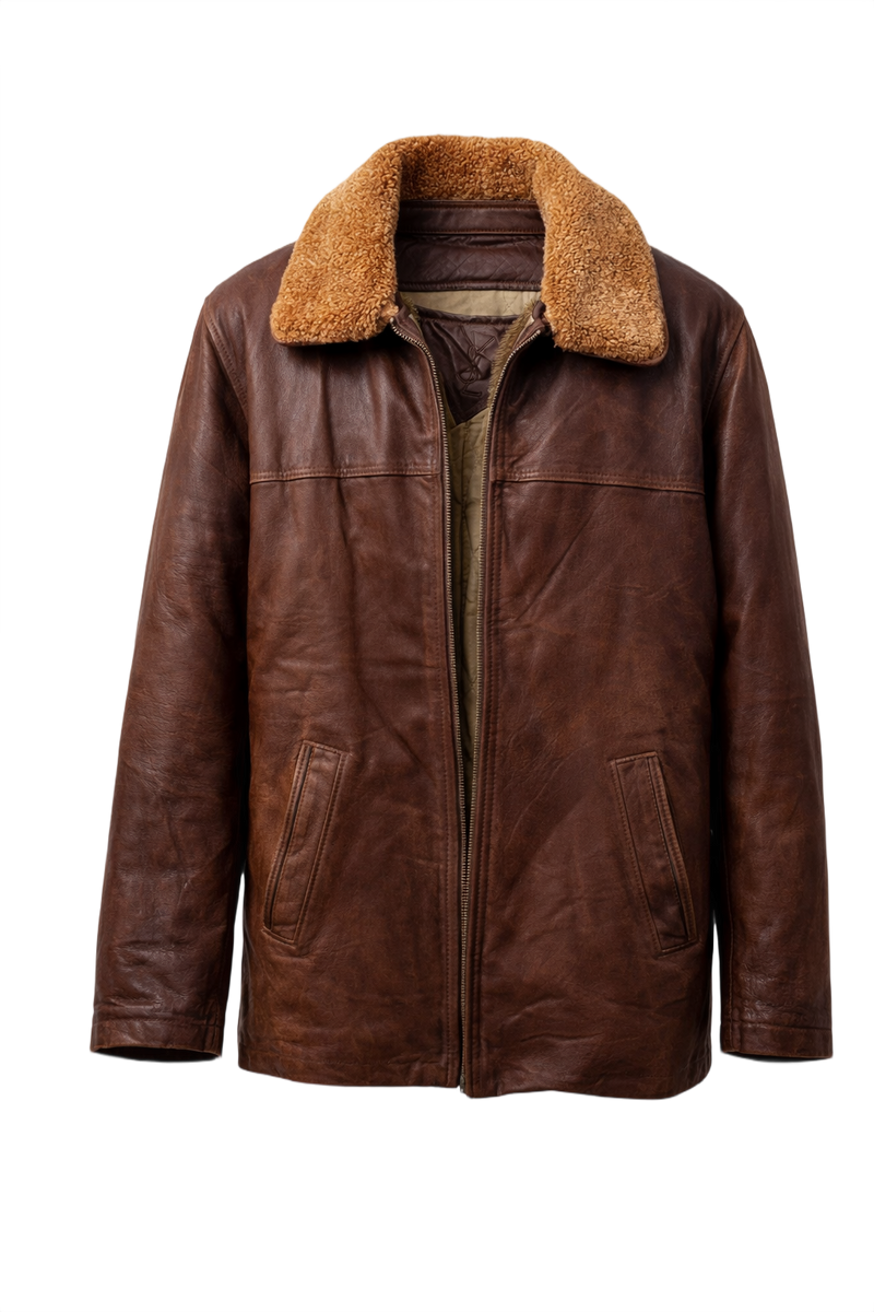 1970s Brown Leather Shearling Collar Leather Jacket - Front View