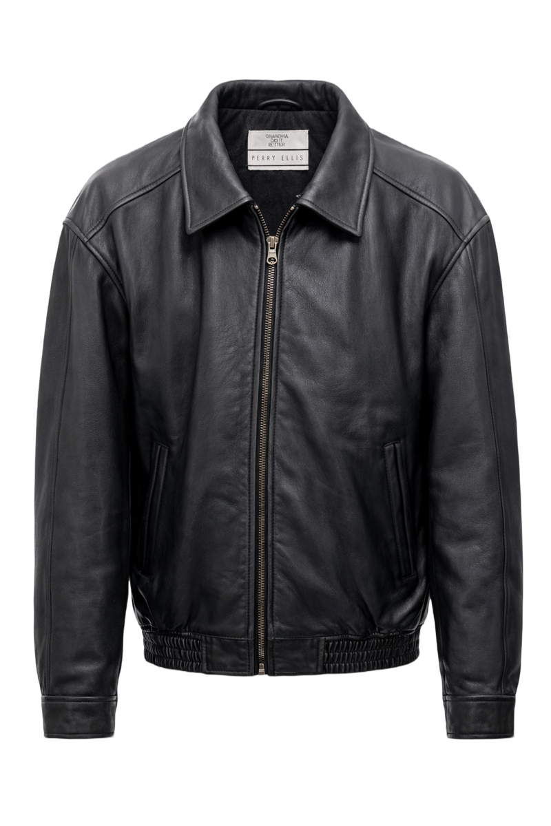 1990s Black Leather Mens Jacket - Front View