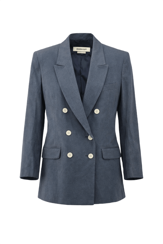 1990s Dark Blue Linen Blazer - Front View