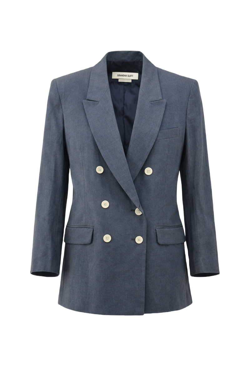 1990s Dark Blue Linen Blazer - Front View