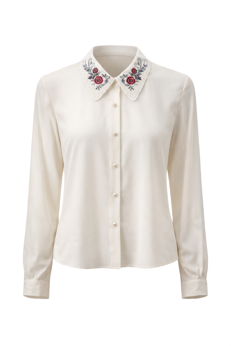 1970s Cream White Silk Blouse - Front View