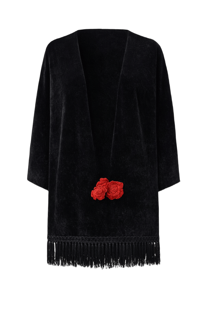 1970s Black Velvet Shawl - Front View