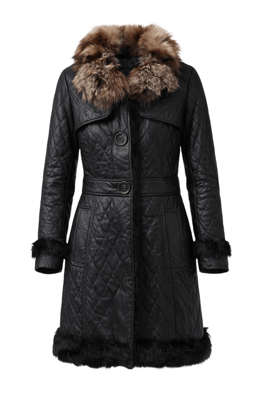 1990s Black Quilted Leather Coat - Front View