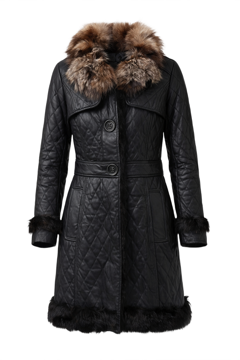 1990s Black Quilted Leather Coat - Front View
