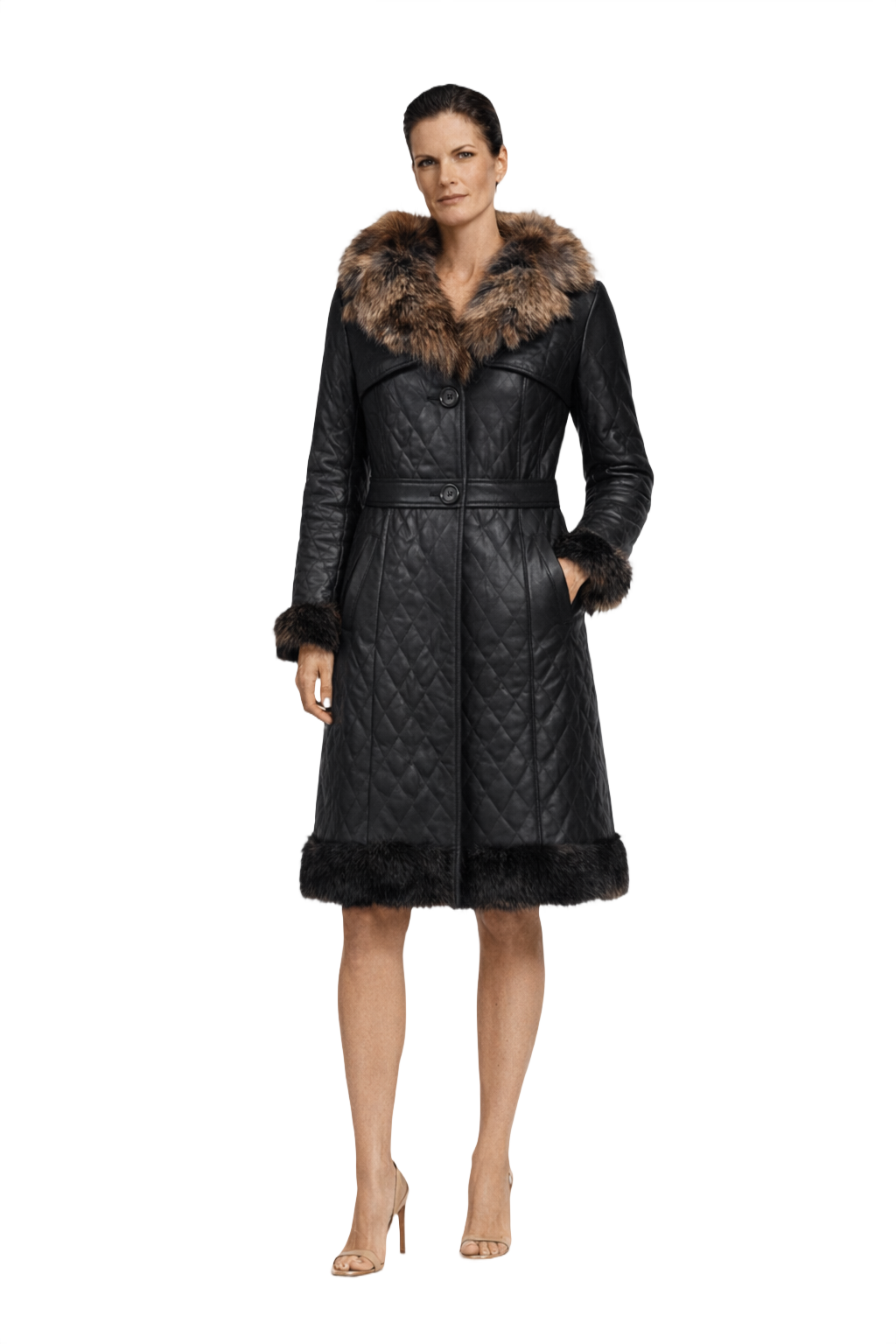 1990s Black Quilted Leather Coat - Model
