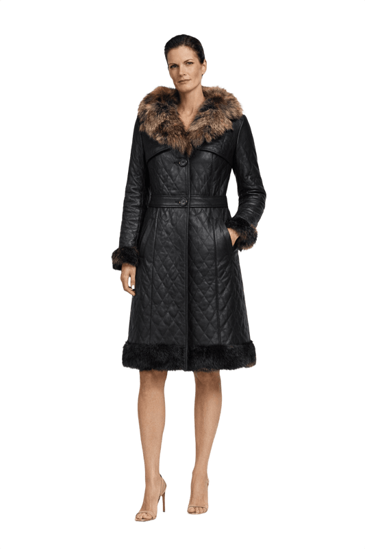 1990s Black Quilted Leather Coat - Model