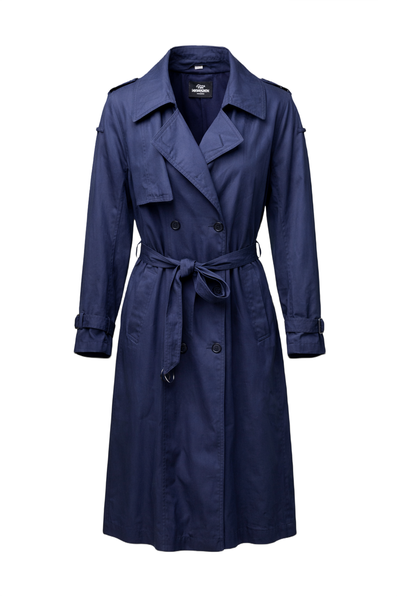 1980s Navy Blue Cotton Trench Coat - Front View