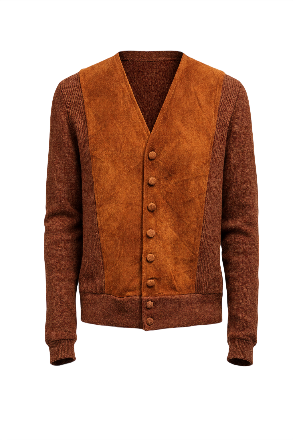 1960s Rust Wool and Suede Cardigan - Front View