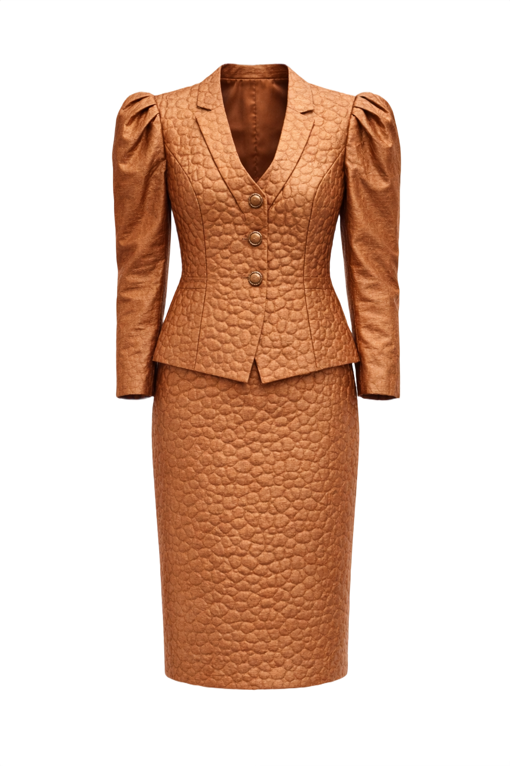 1980s Bronze Synthetic Skirt Suit - Front View