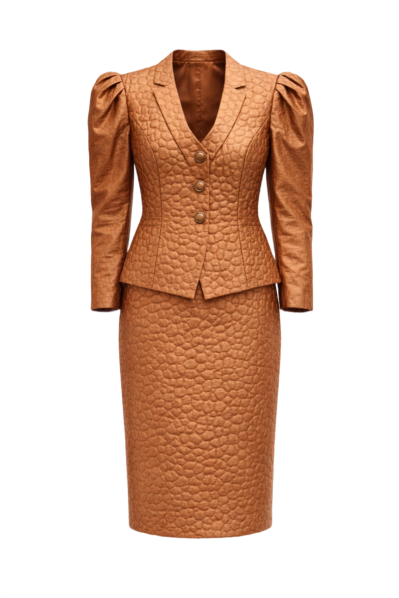 1980s Bronze Synthetic Skirt Suit - Front View