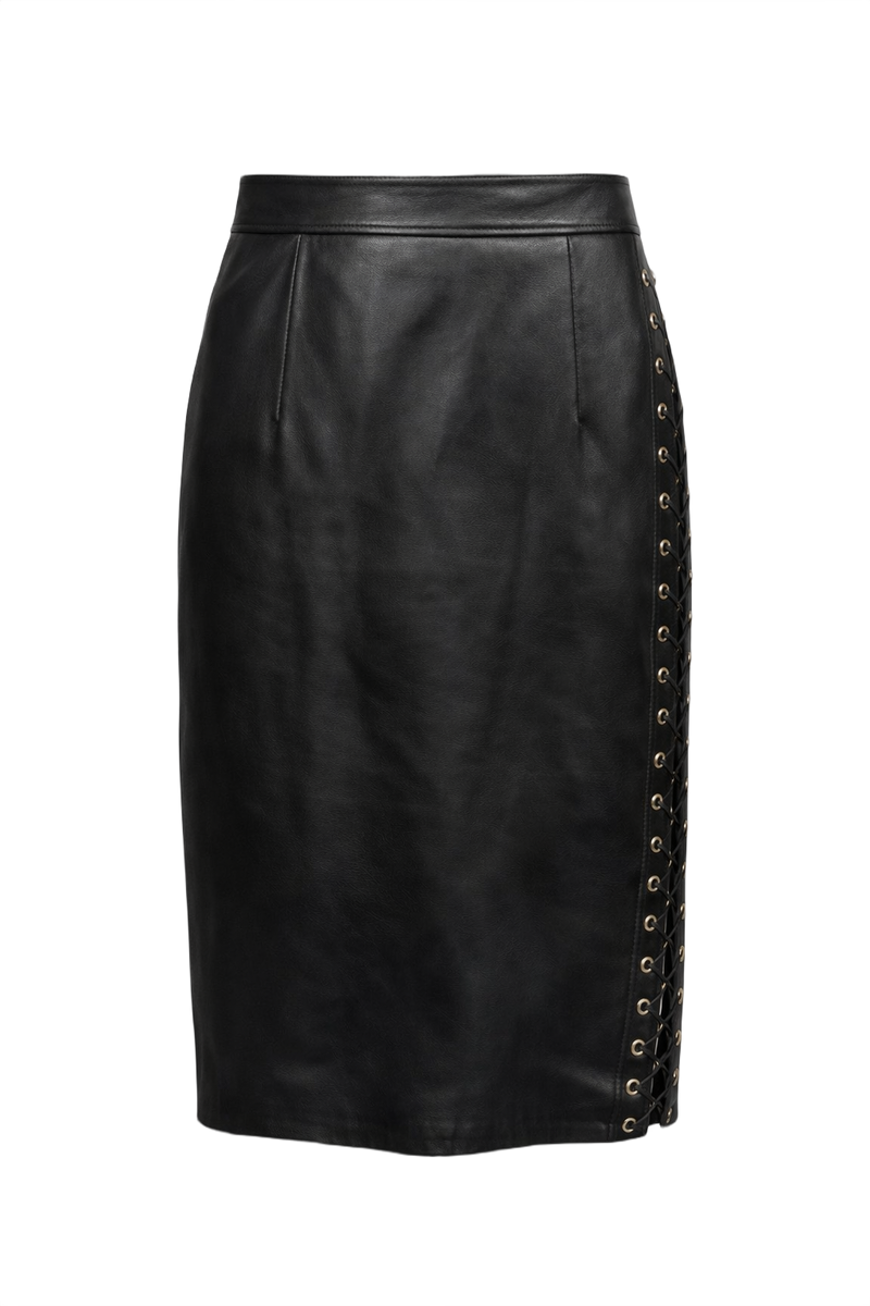 1990s Black Leather Skirt - Front View
