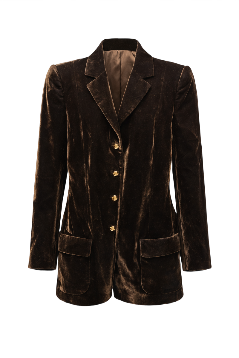 1990s Dark Brown Velvet Blazer - Front View