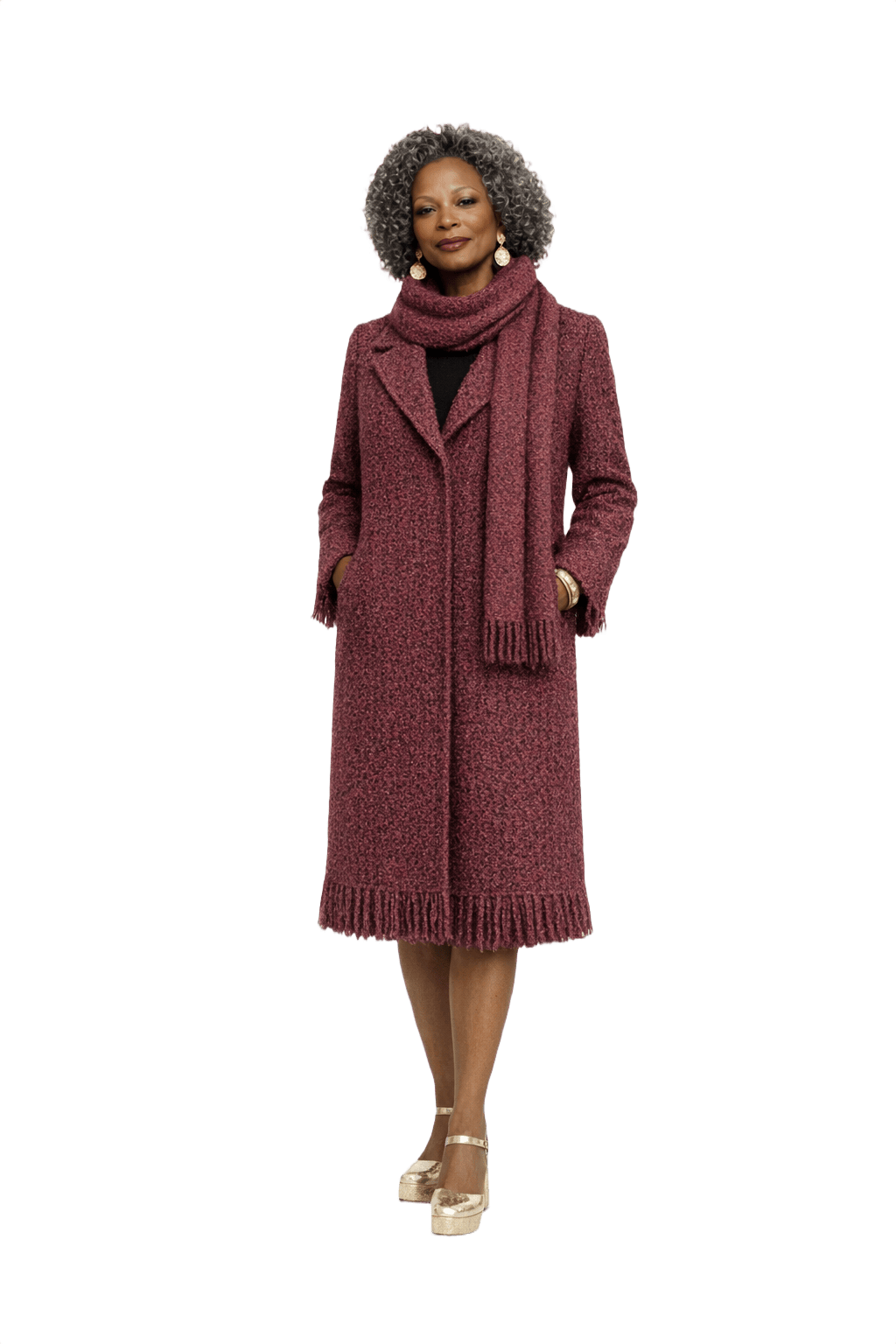 1970s Magenta Tweed Coat with Matching Scarf - Model