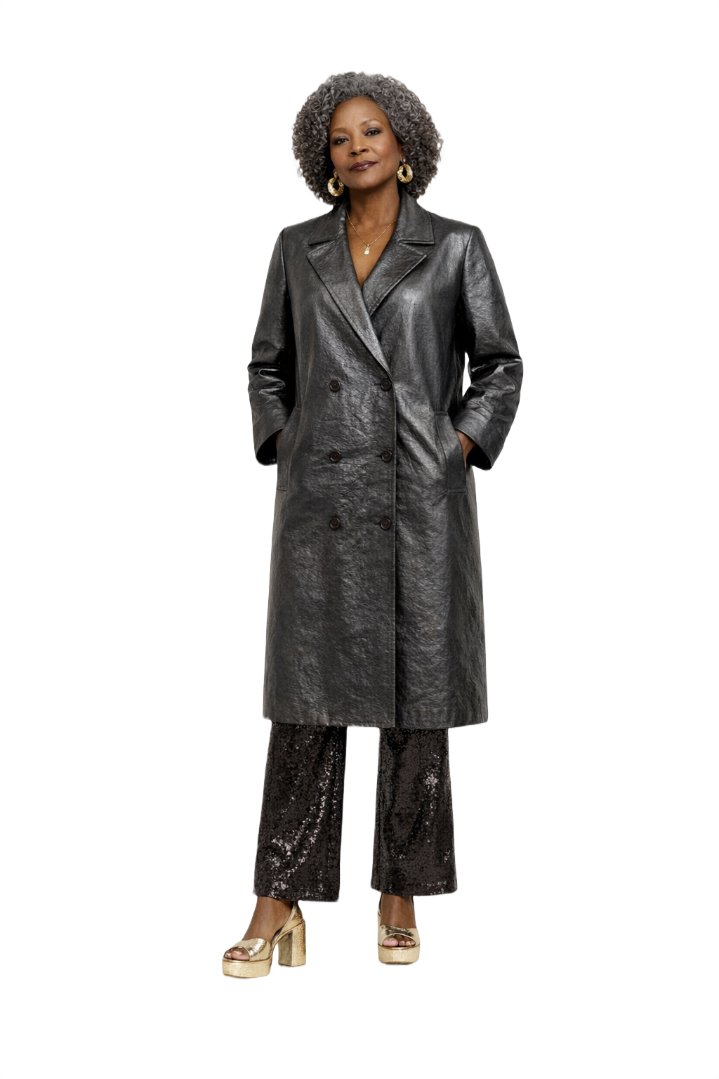 1970s Metallic Silver Metallic Fabric Coat - Model