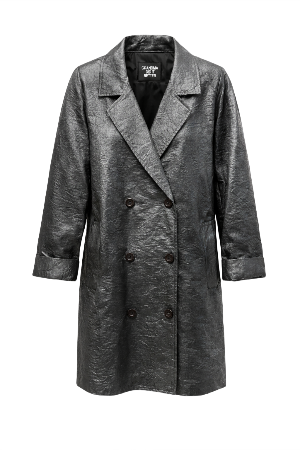 1970s Metallic Silver Metallic Fabric Coat - Front View