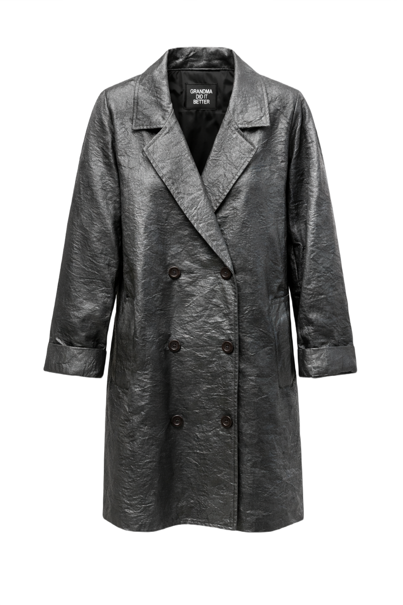 1970s Metallic Silver Metallic Fabric Coat - Front View