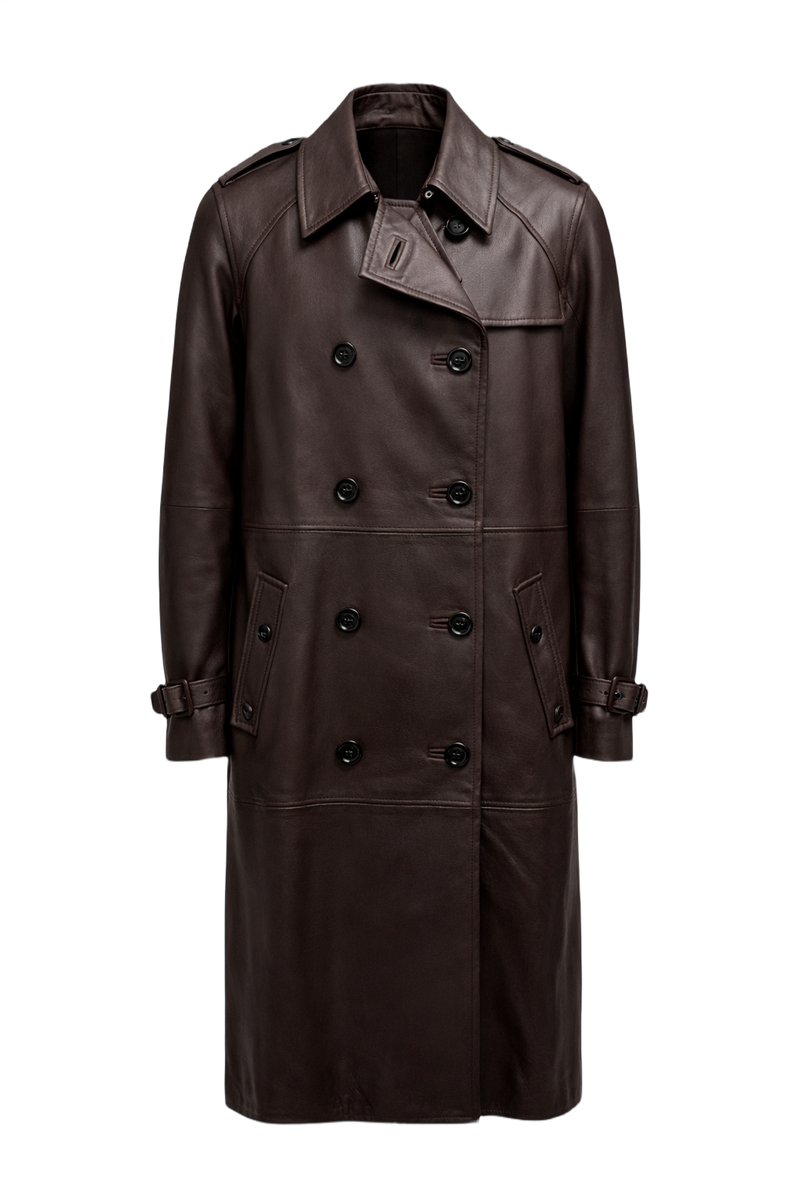 1980s Dark Brown Leather Trench Coat - Front View