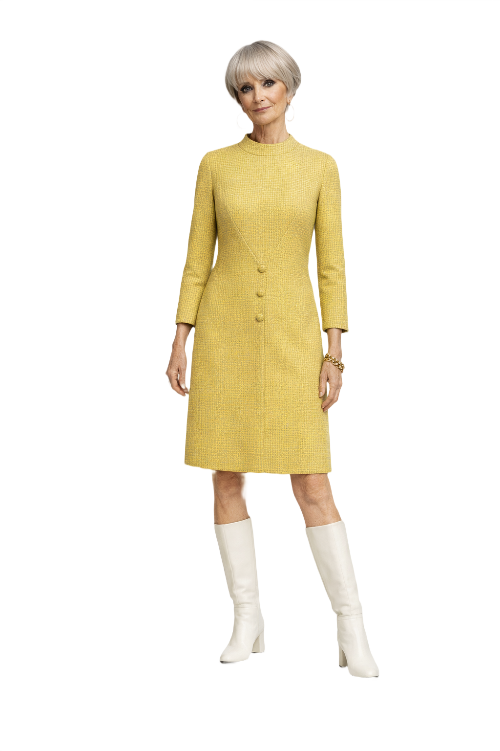 1960s Yellow Wool Shift Dress - Model