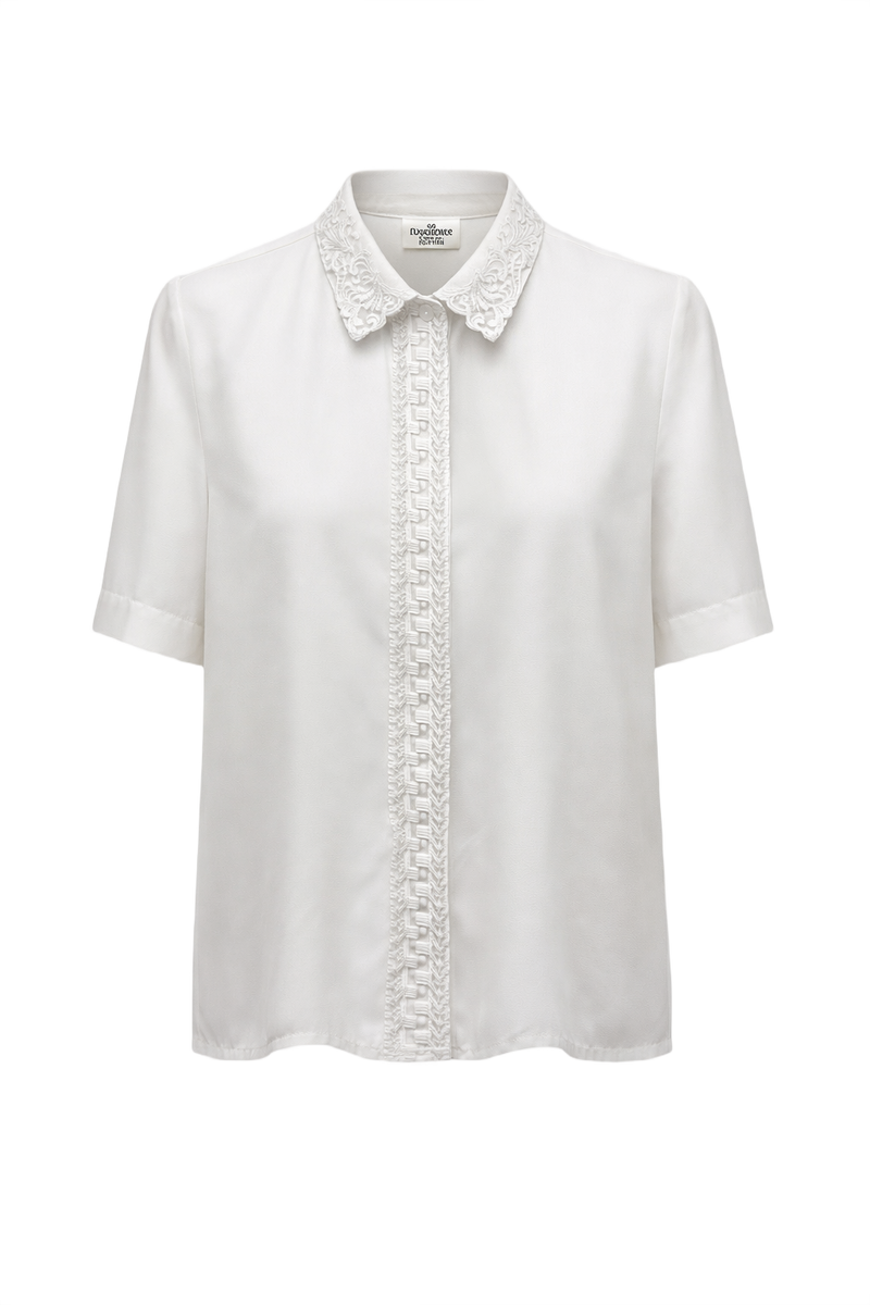 1970s Cream White Satin Blouse - Front View