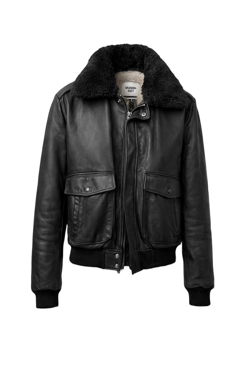 1960s Black Leather Bomber Jacket - Front View