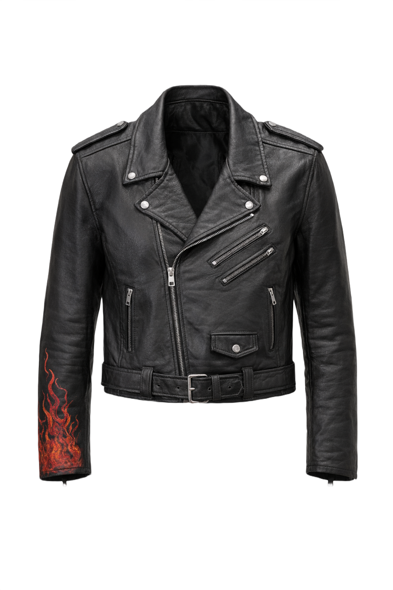 1990s Black Leather Painted Graphics Leather Jacket - Front View
