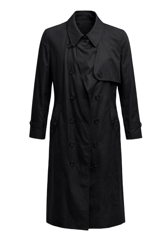 1990s Black Cotton Trench Coat - Front View
