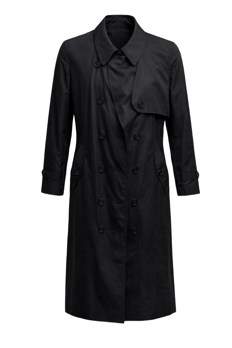 1990s Black Cotton Trench Coat - Front View
