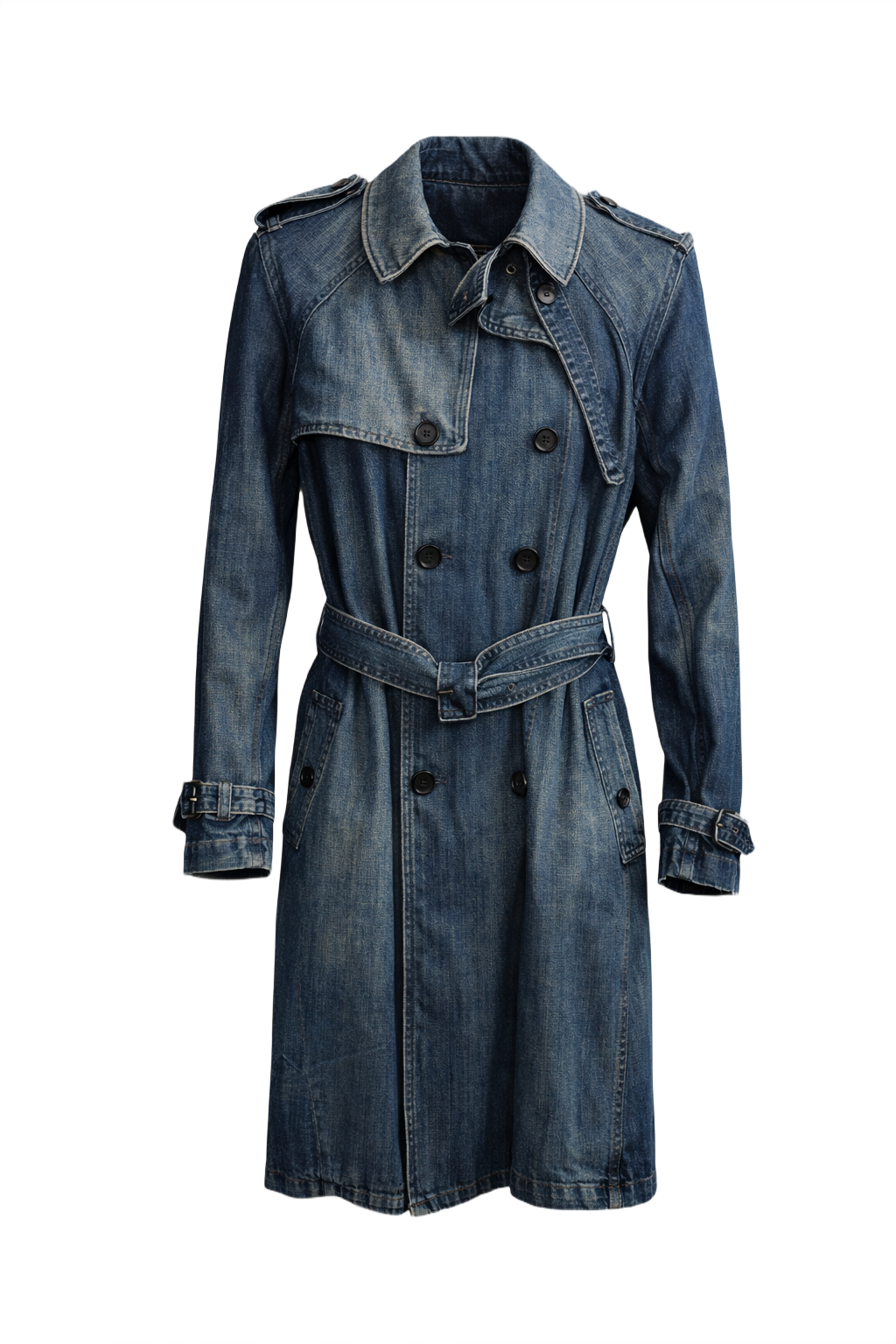 1990s Medium Blue Denim Trench Coat - Front View