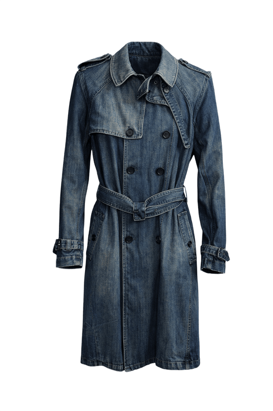 1990s Medium Blue Denim Trench Coat - Front View
