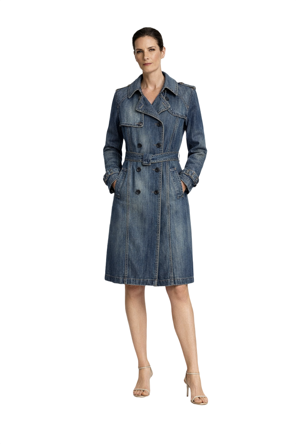 1990s Medium Blue Denim Trench Coat - Model