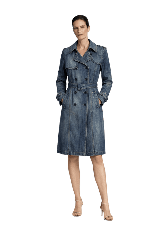 1990s Medium Blue Denim Trench Coat - Model