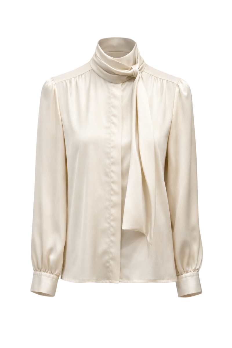 1980s Cream White Silk Blouse - Front View
