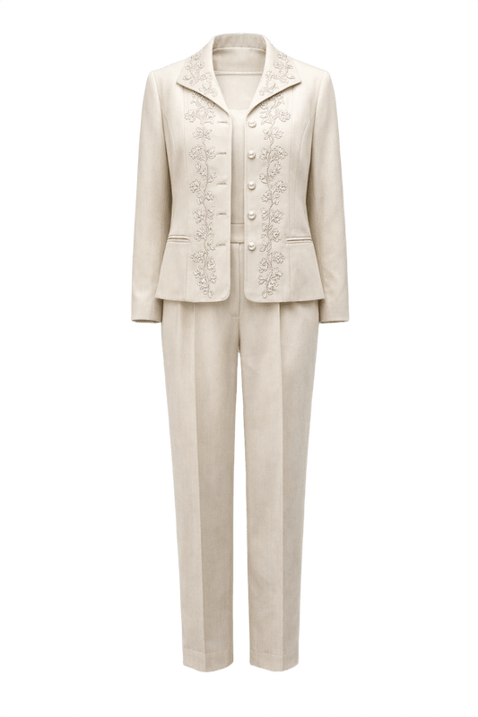 1990s Cream Polyester Suit - Front View