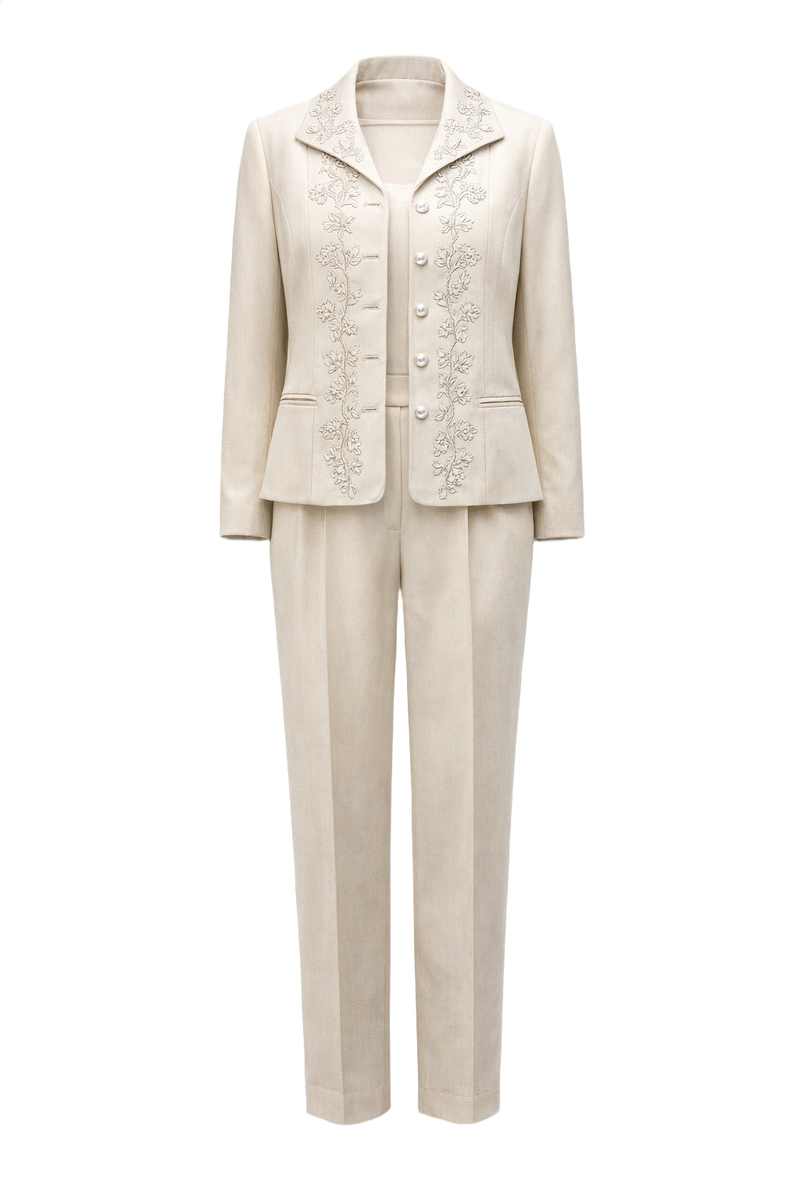 1990s Cream Polyester Suit - Front View