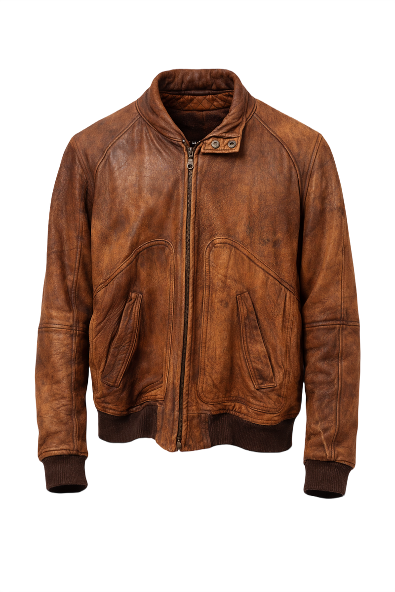 1990s Brown Leather Bomber Jacket - Front View