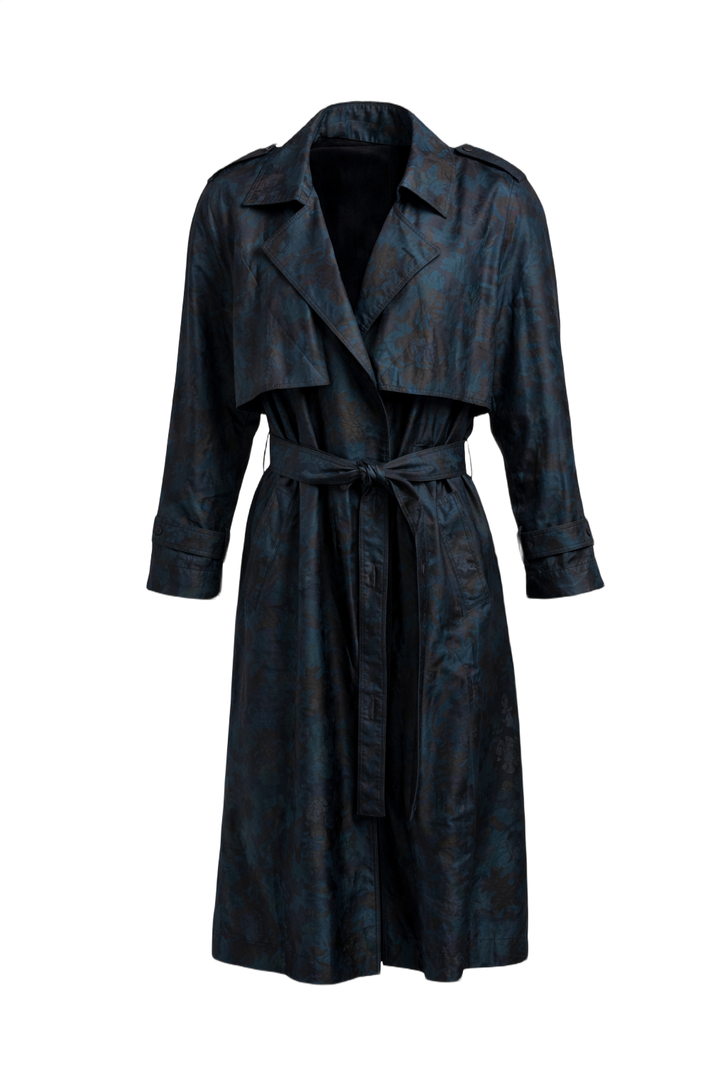 1980s Dark Teal Polyester Trench Coat - Front View