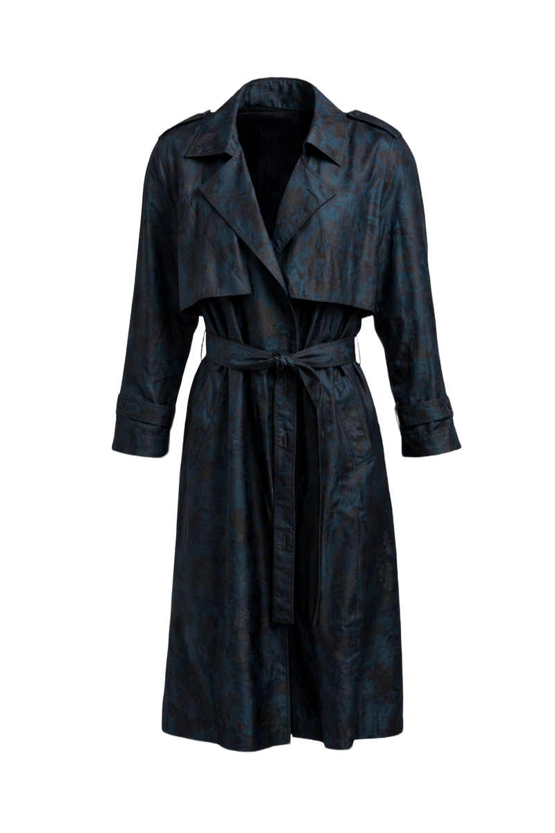 1980s Dark Teal Polyester Trench Coat - Front View