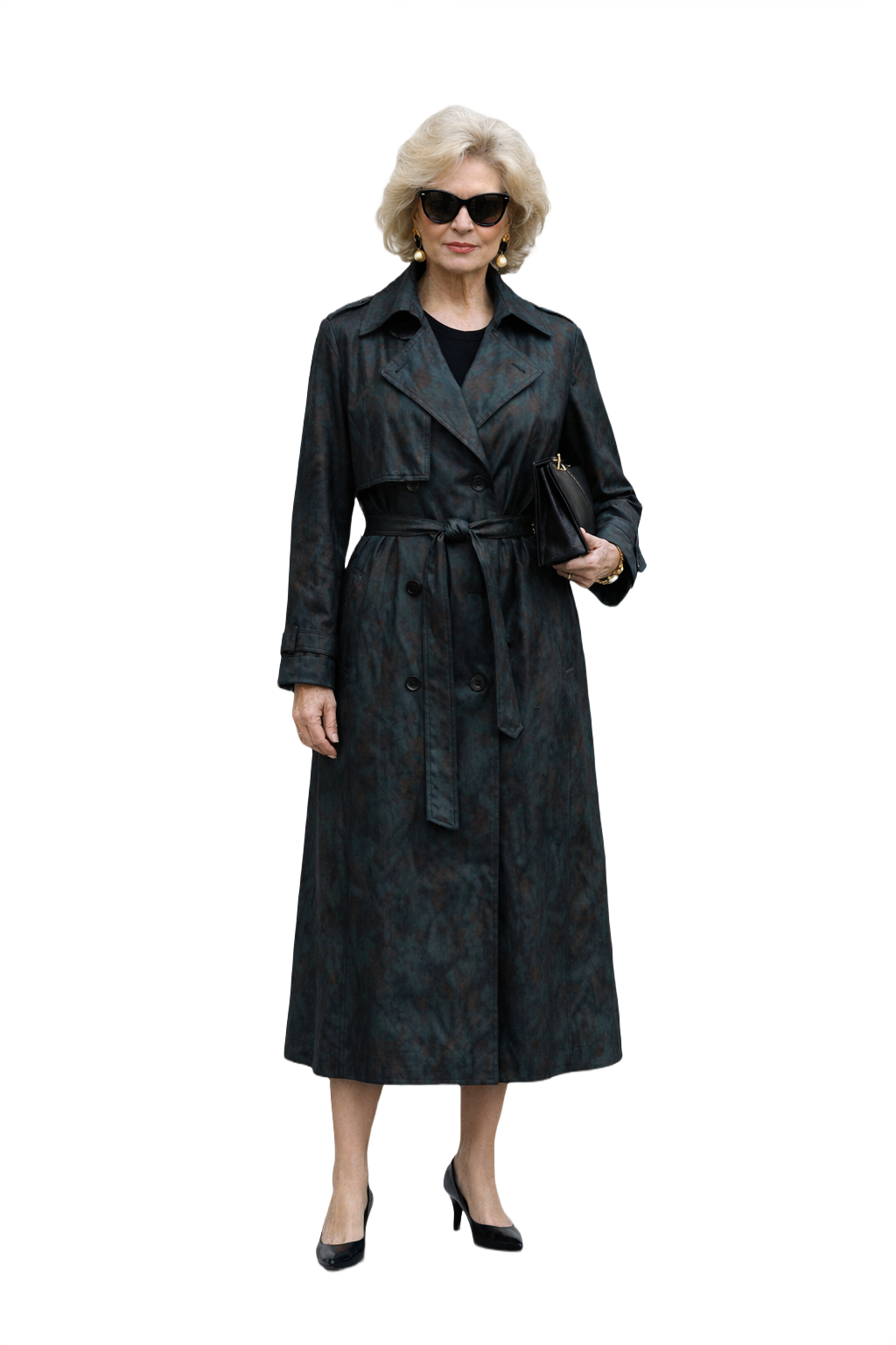 1980s Dark Teal Polyester Trench Coat - Model