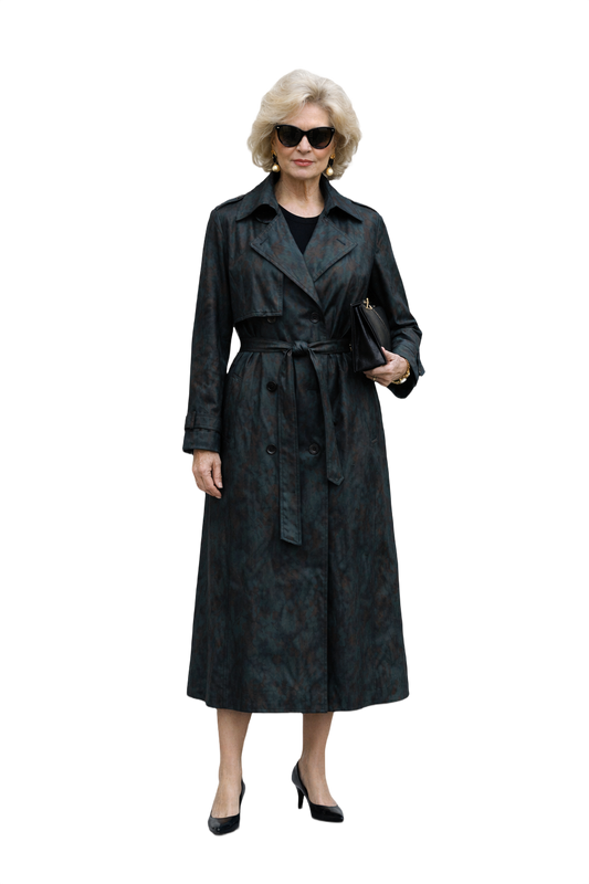 1980s Dark Teal Polyester Trench Coat - Model