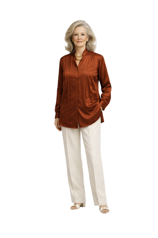 1970s Rust Brown Satin Shirt - Model