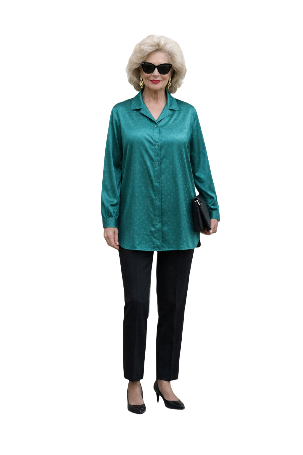 1980s Teal Polyester Blouse - Model