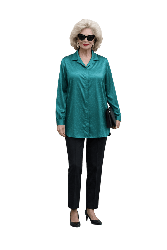 1980s Teal Polyester Blouse - Model