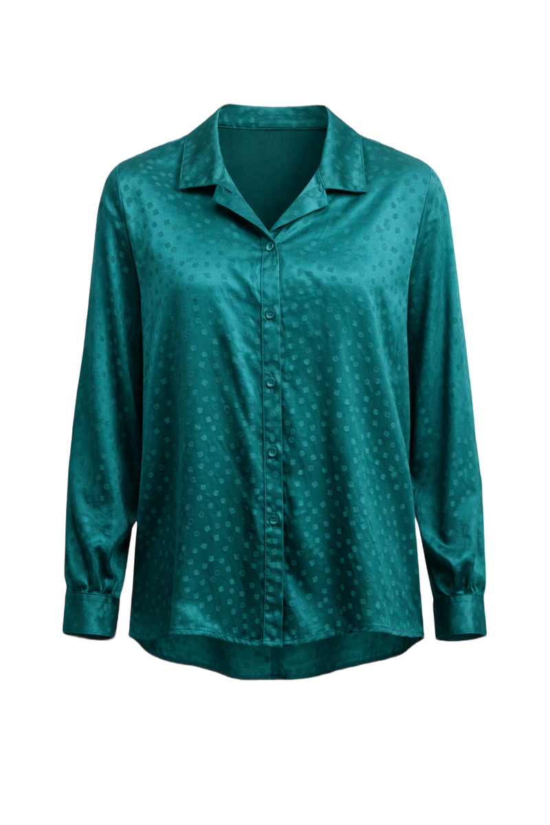 1980s Teal Polyester Blouse - Front View