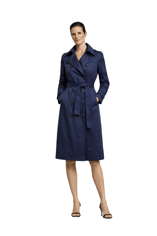 1990s Navy Blue Cotton Blend Trench Coat - Model